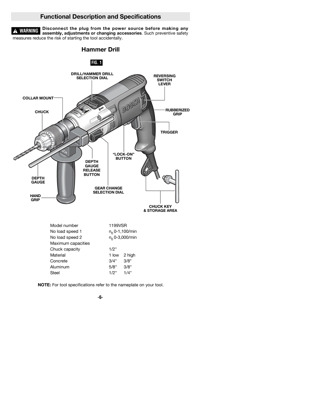 Bosch Power Tools 1199VSR manual Functional Description and Specifications, Hammer Drill 