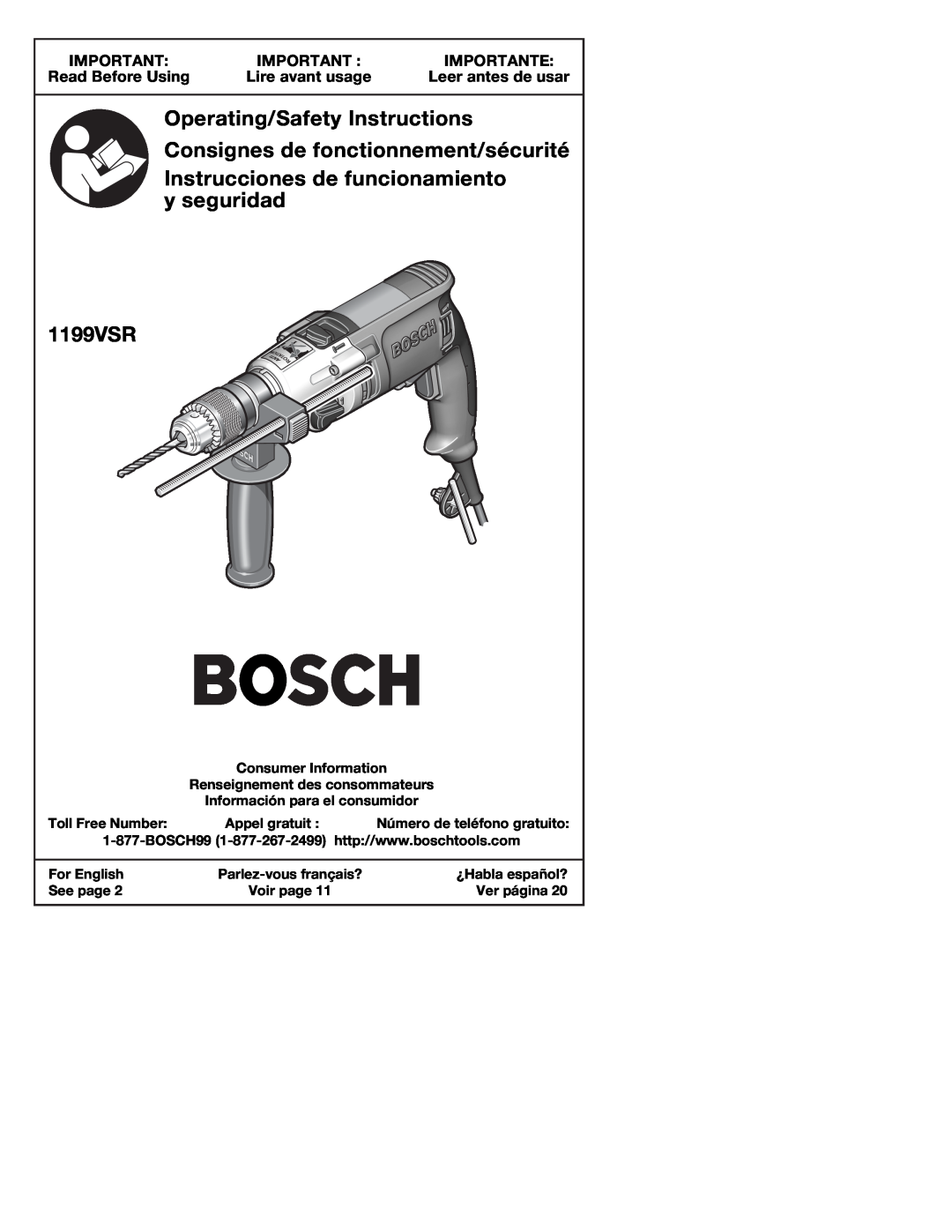 Bosch Power Tools 1199VSR manual Importante, Read Before Using, Lire avant usage, Leer antes de usar 