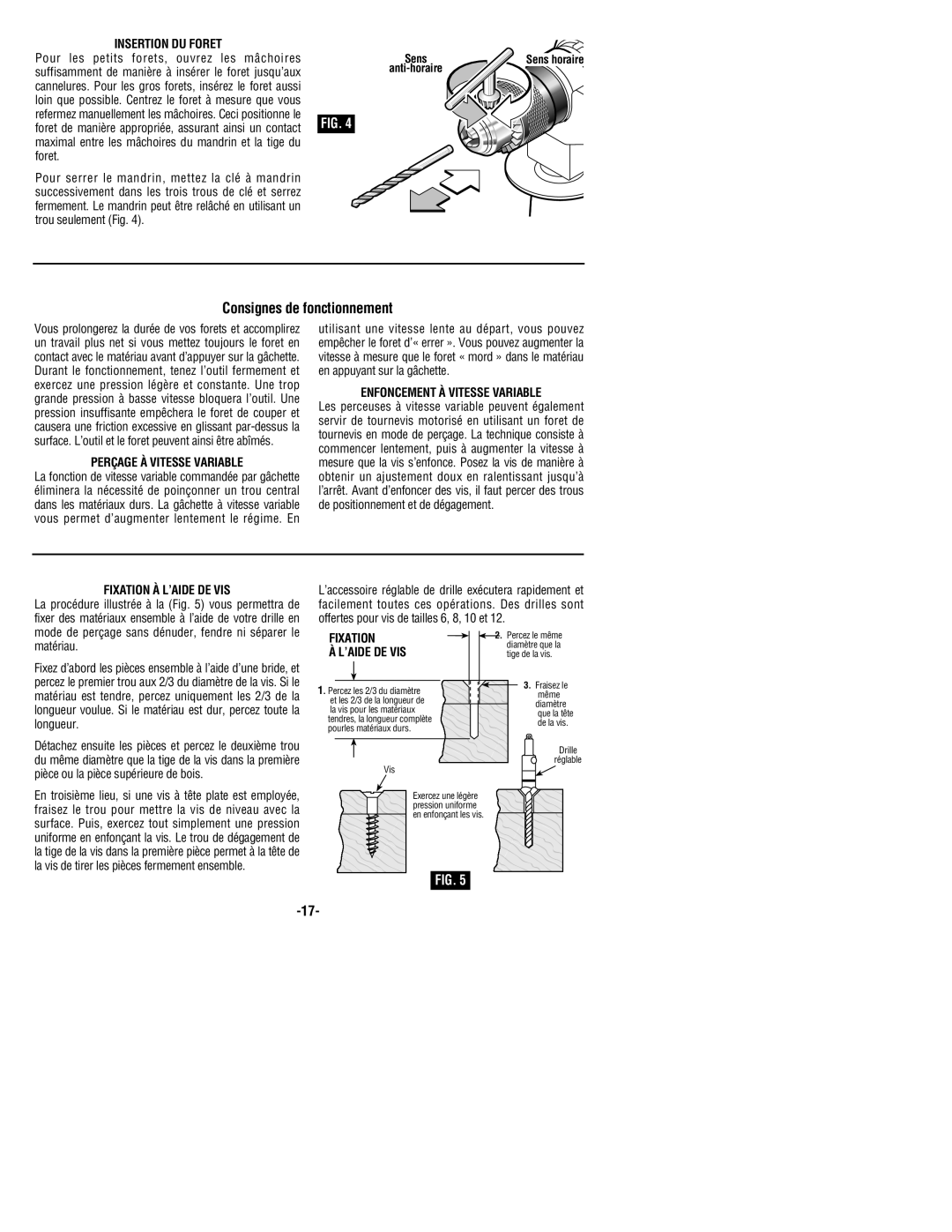 Bosch Power Tools 1199VSR manual Consignes de fonctionnement, Insertion Du Foret, Perçage À Vitesse Variable, Fixation 