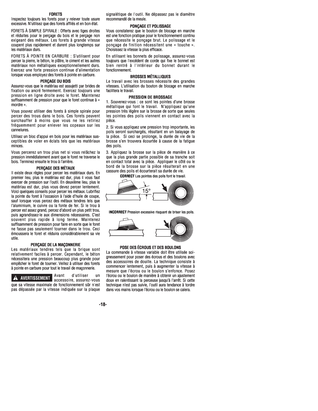 Bosch Power Tools 1199VSR manual Forets, Perçage Du Bois, Perçage Des Métaux, Perçage De La Maçonnerie, Avertissement 