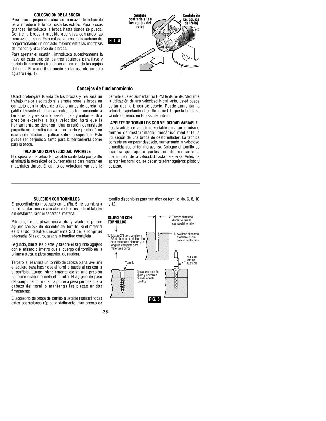 Bosch Power Tools 1199VSR manual Consejos de funcionamiento, Colocacion De La Broca, Taladrado Con Velocidad Variable 