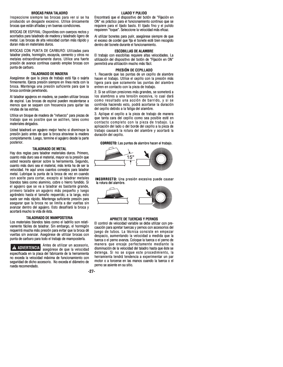 Bosch Power Tools 1199VSR manual Brocas Para Taladro, Taladrado De Madera, Taladrado De Metal, Taladrado De Mamposteria 