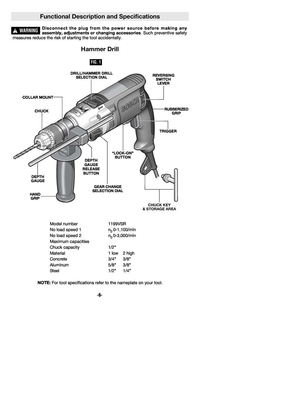 Bosch Power Tools 1199VSR manual Functional Description and Specifications, Hammer Drill 