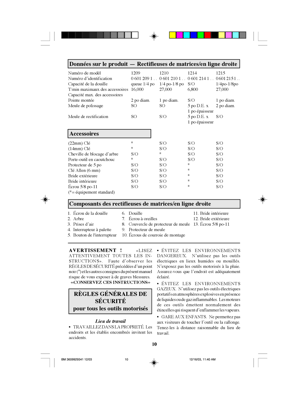 Bosch Power Tools 1209 Accessoires, Composants des rectifieuses de matrices/en ligne droite, Règles Générales DE Sécurité 