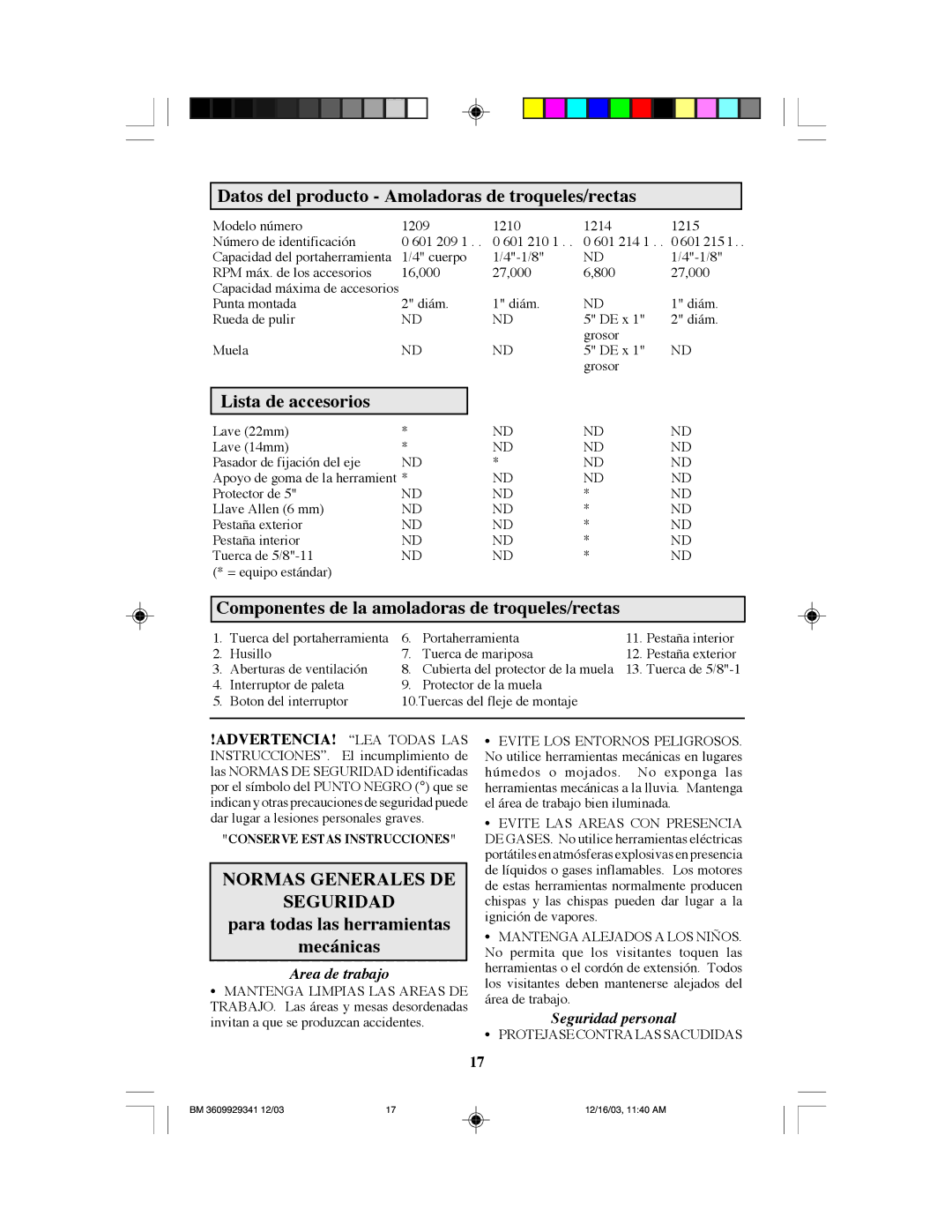 Bosch Power Tools 1210, 1215, 1209, 1214 manual Datos del producto Amoladoras de troqueles/rectas, Lista de accesorios 