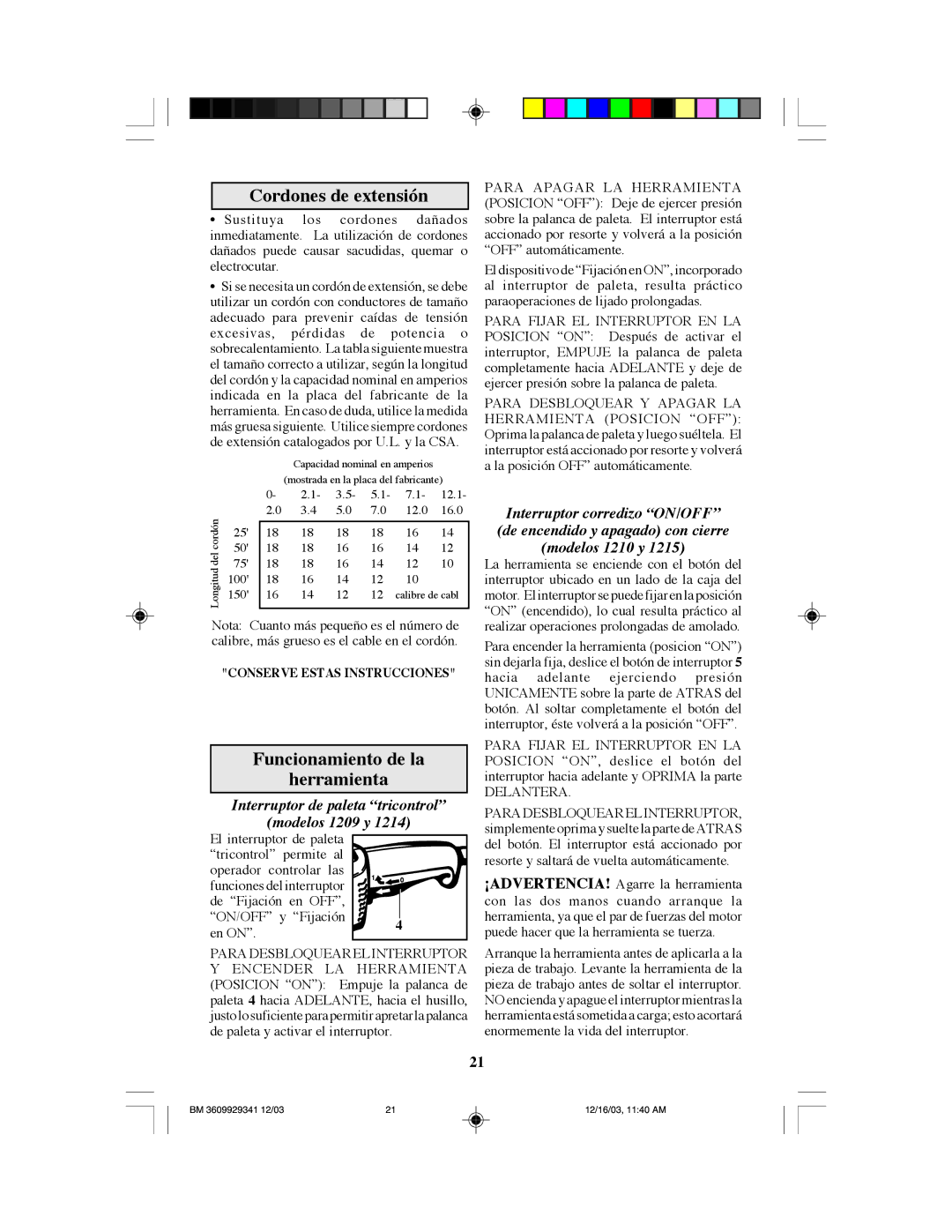 Bosch Power Tools 1210, 1215, 1209, 1214 manual Cordones de extensión, Funcionamiento de la Herramienta, Delantera 