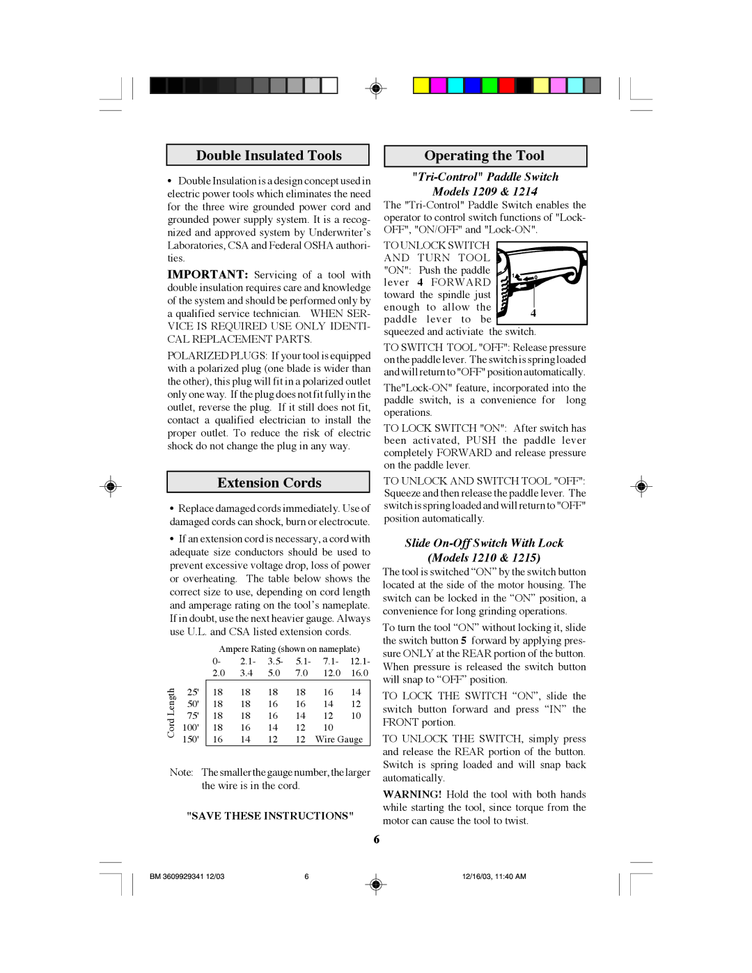 Bosch Power Tools Double Insulated Tools, Extension Cords, Operating the Tool, Tri-Control Paddle Switch Models 1209 