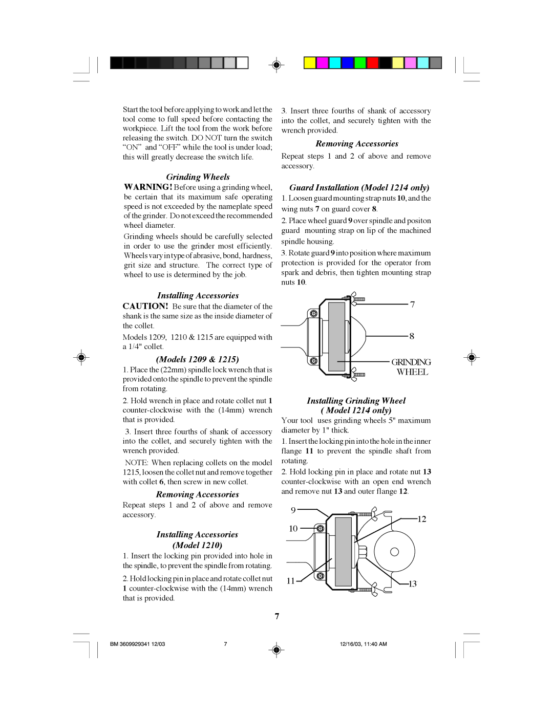 Bosch Power Tools 1214, 1215, 1210, 1209 manual Grinding Wheels, Removing Accessories, Installing Accessories Model 