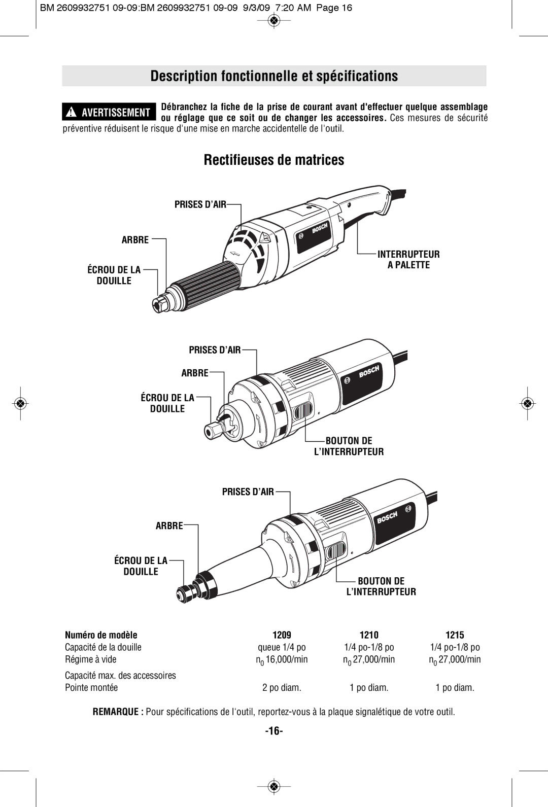 Bosch Power Tools 1210, 1215, 1209 Description fonctionnelle et spécifications, Rectifieuses de matrices, Numéro de modèle 