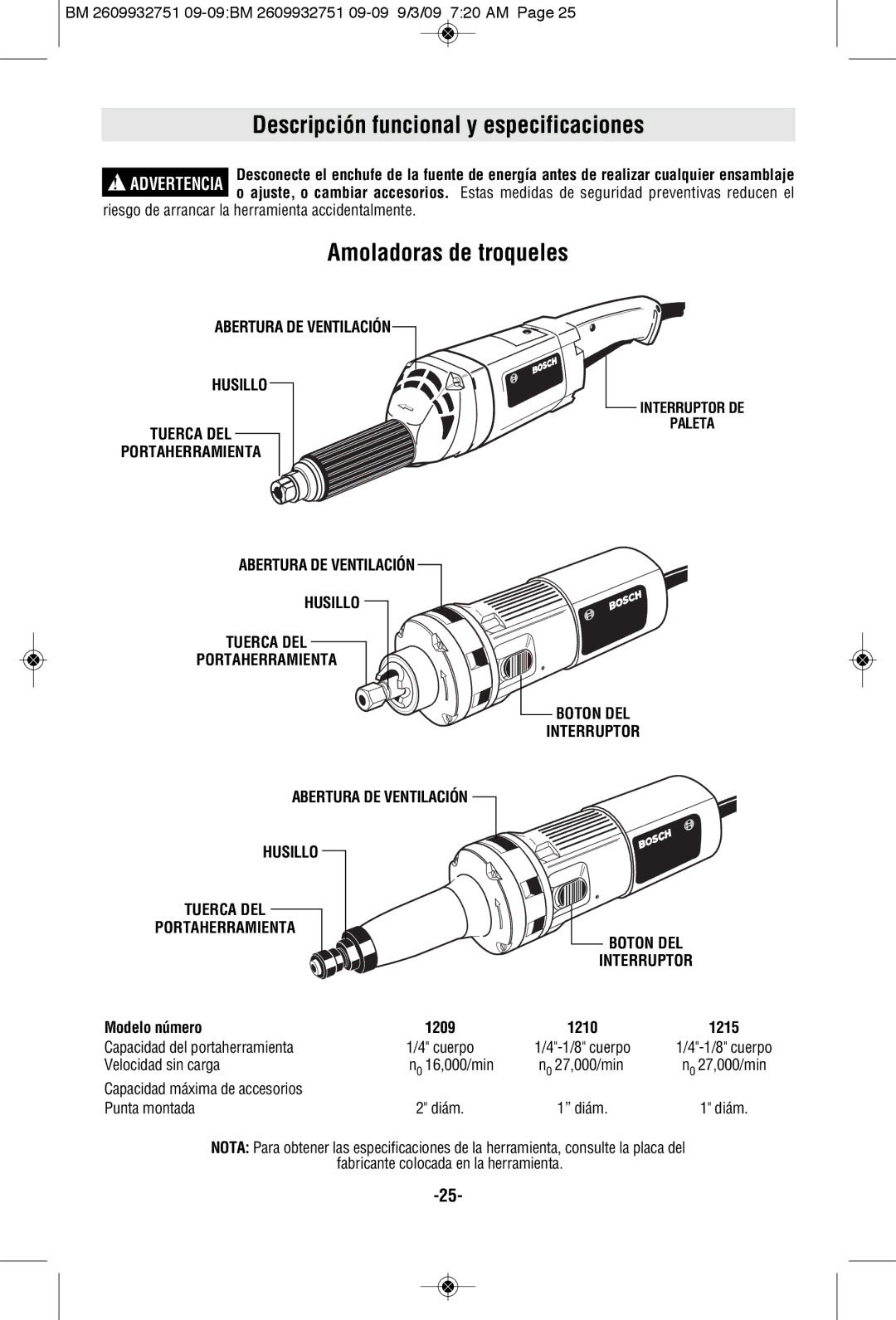 Bosch Power Tools 1210, 1215, 1209 manual Descripción funcional y especificaciones, Amoladoras de troqueles 