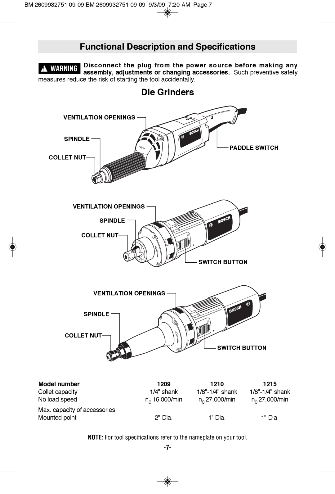 Bosch Power Tools manual Functional Description and Specifications, Die Grinders, Model number 1209 1210 1215 