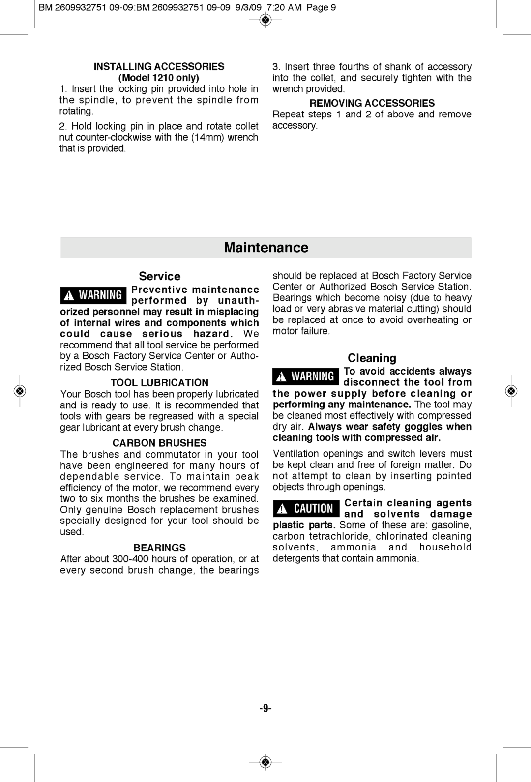 Bosch Power Tools 1215, 1210, 1209 manual Maintenance, Cleaning, Tool Lubrication, Carbon Brushes, Bearings 