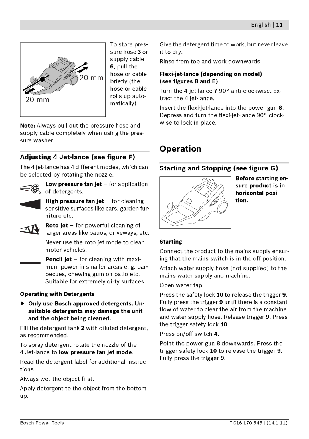 Bosch Power Tools 125 manual Operation, Adjusting 4 Jet-lance see figure F, Starting and Stopping see figure G 