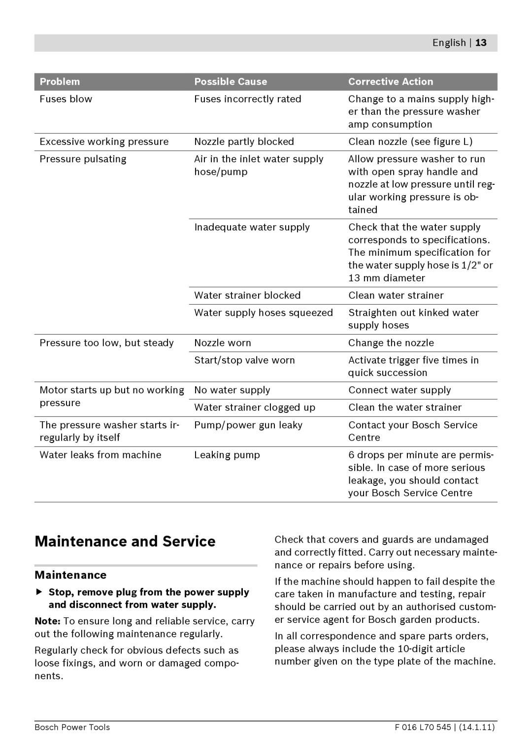 Bosch Power Tools 125 manual Maintenance and Service 