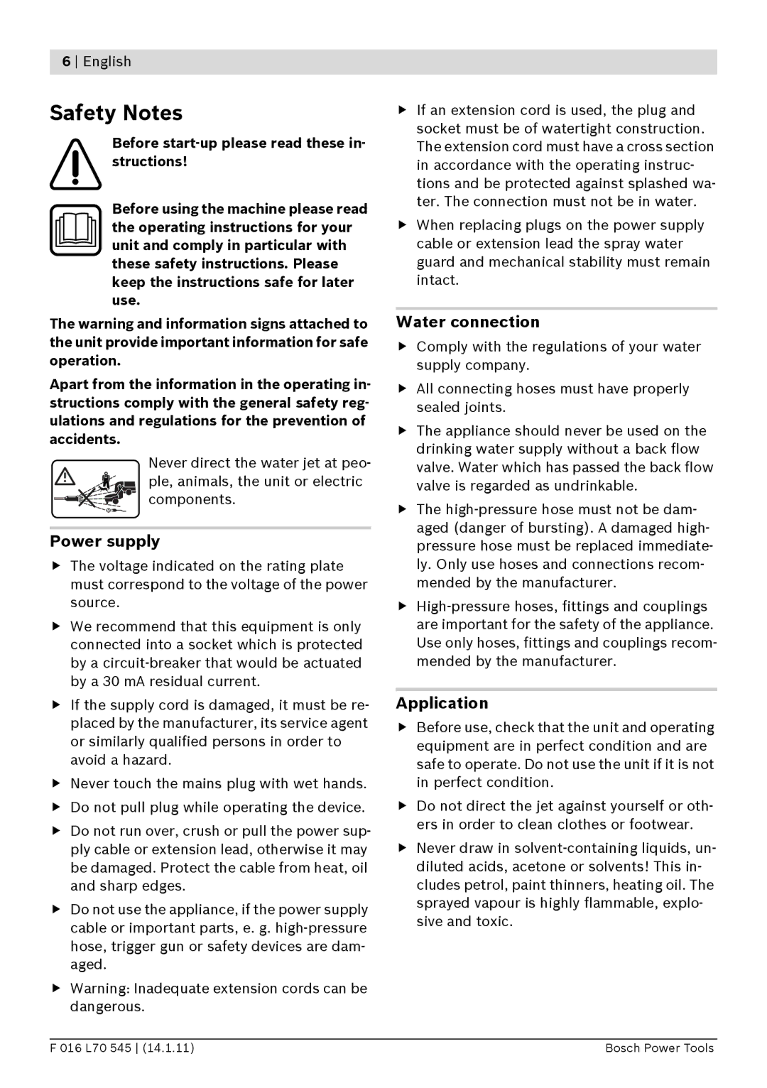 Bosch Power Tools 125 manual Safety Notes, Power supply, Water connection, Application 