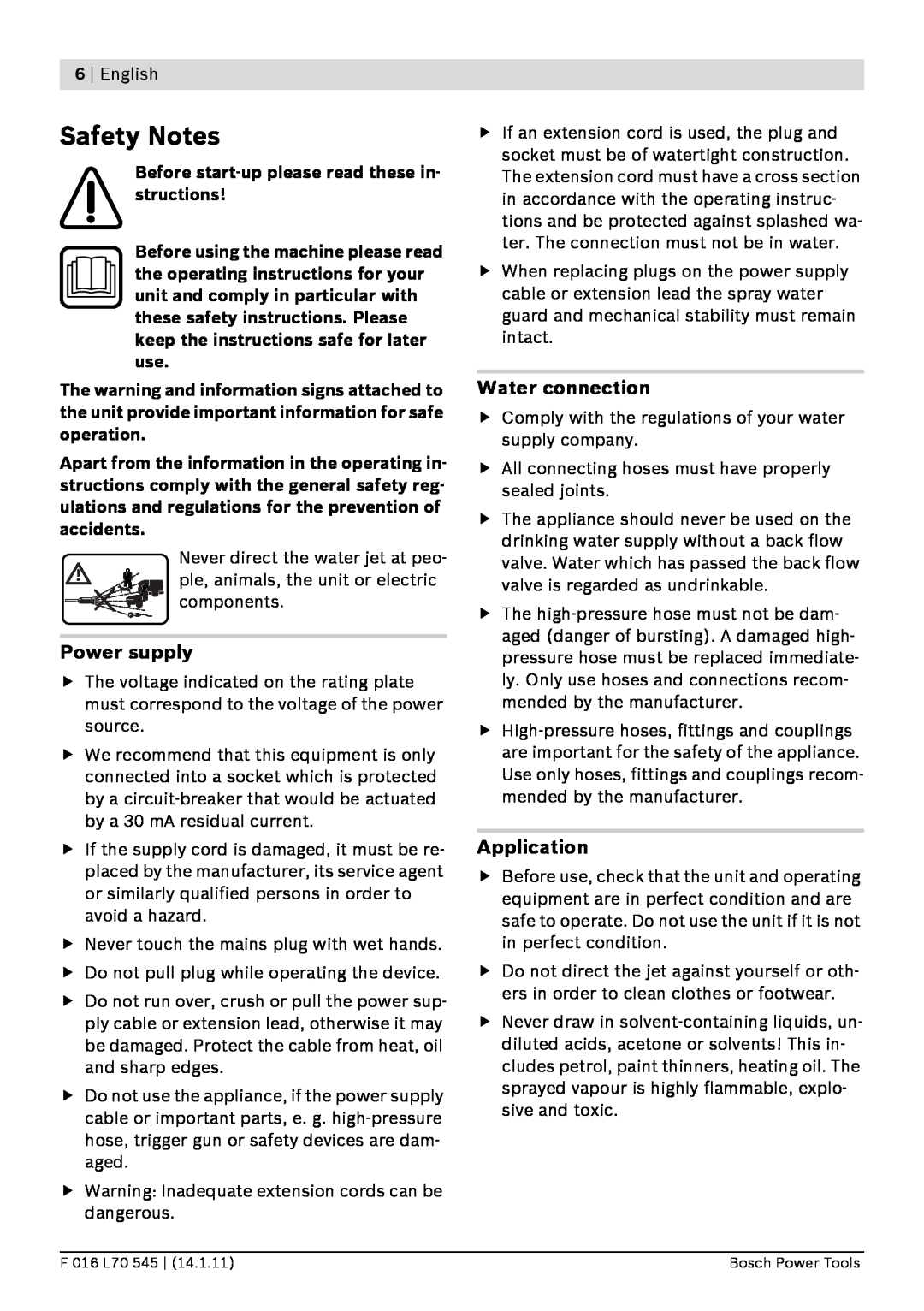 Bosch Power Tools 125 manual Safety Notes, Power supply, Water connection, Application 