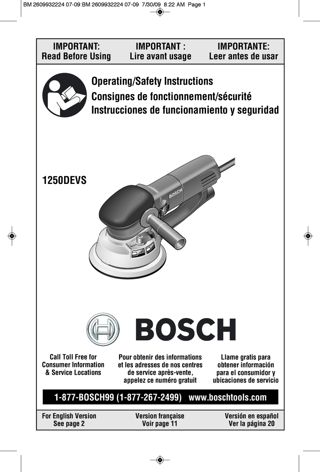 Bosch Power Tools 1250DEVS manual BM 2609932224 07-09BM 2609932224 07-09 7/30/09 822 AM, Call Toll Free for 