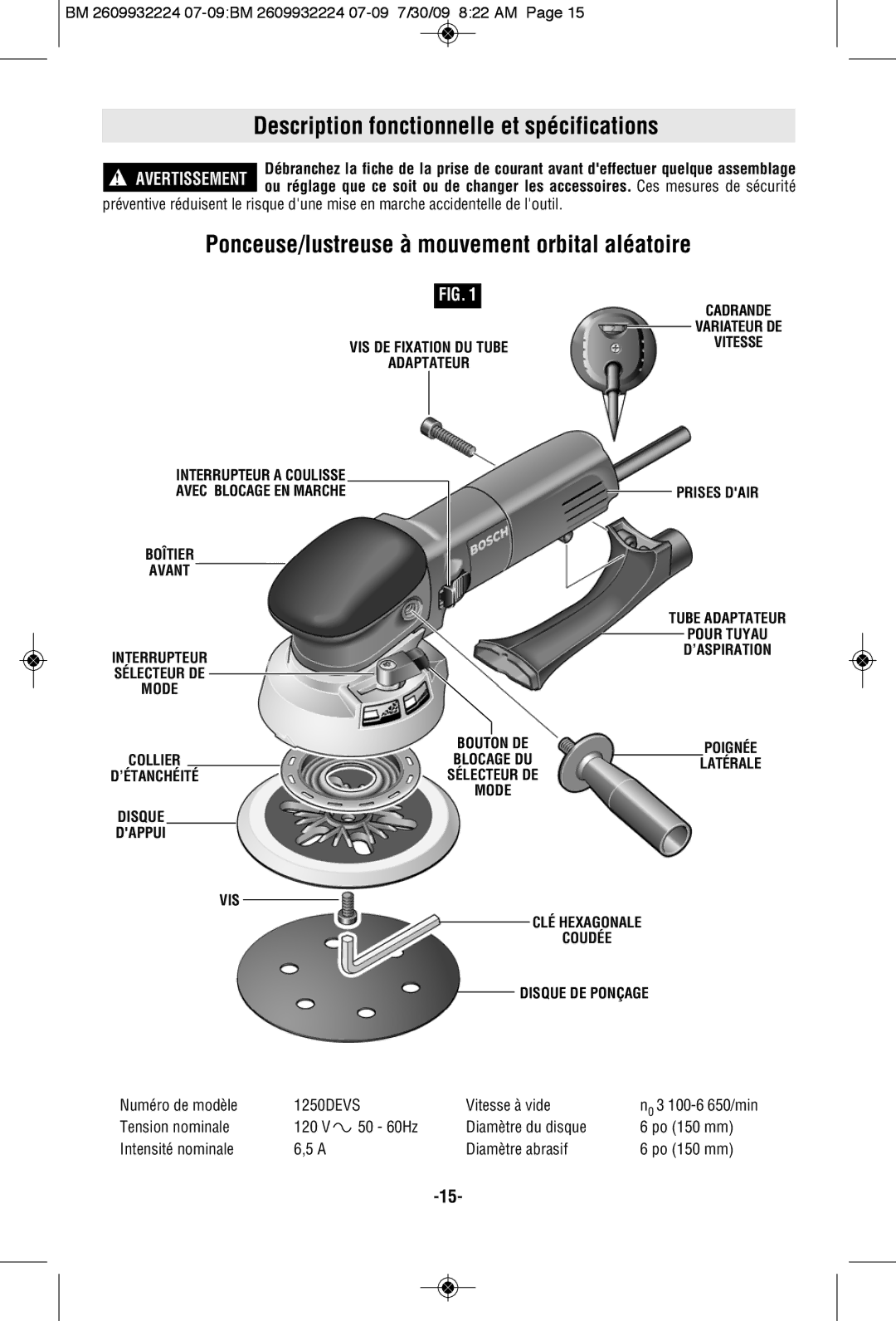 Bosch Power Tools 1250DEVS Description fonctionnelle et spécifications, Ponceuse/lustreuse à mouvement orbital aléatoire 