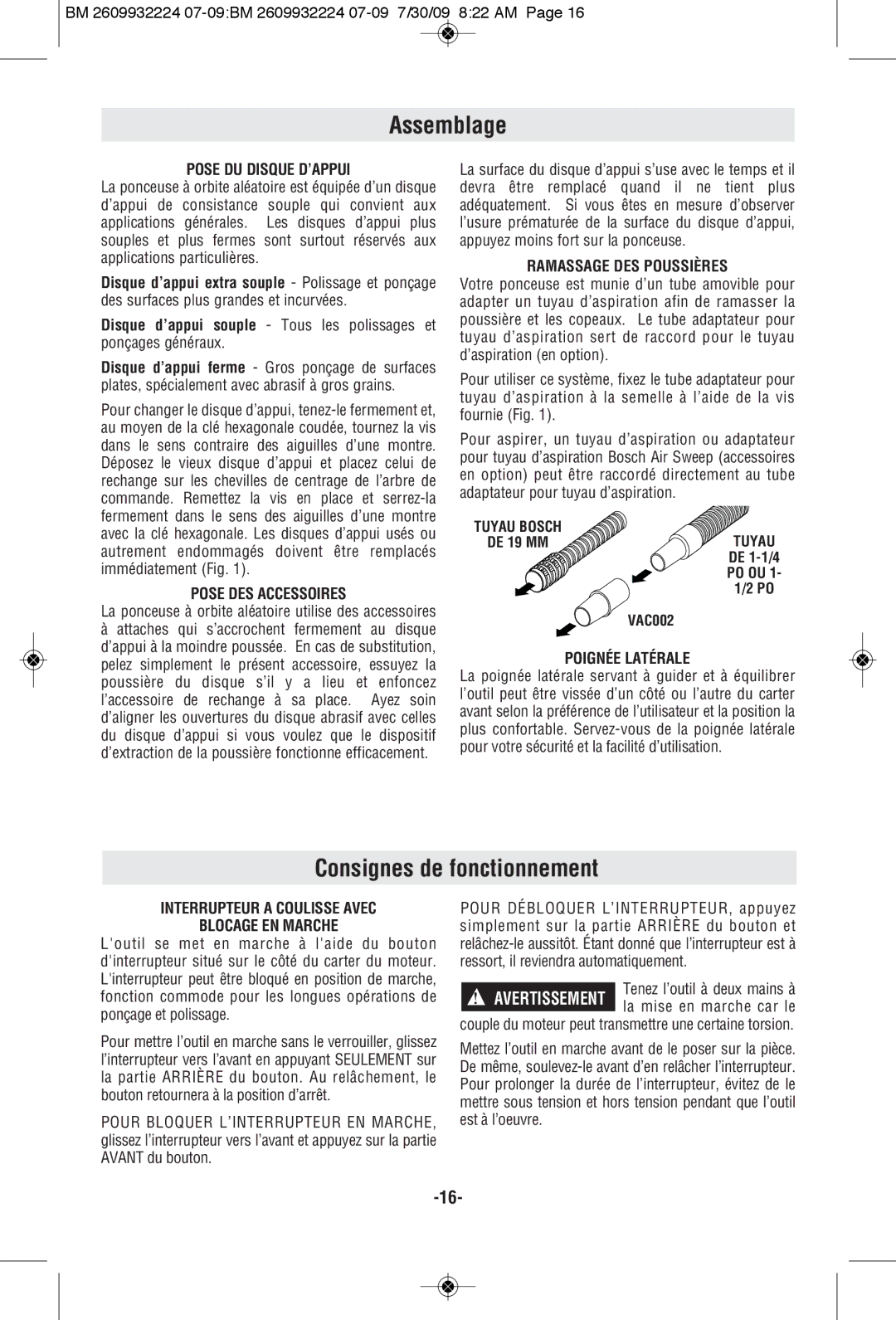 Bosch Power Tools 1250DEVS manual Assemblage, Consignes de fonctionnement 