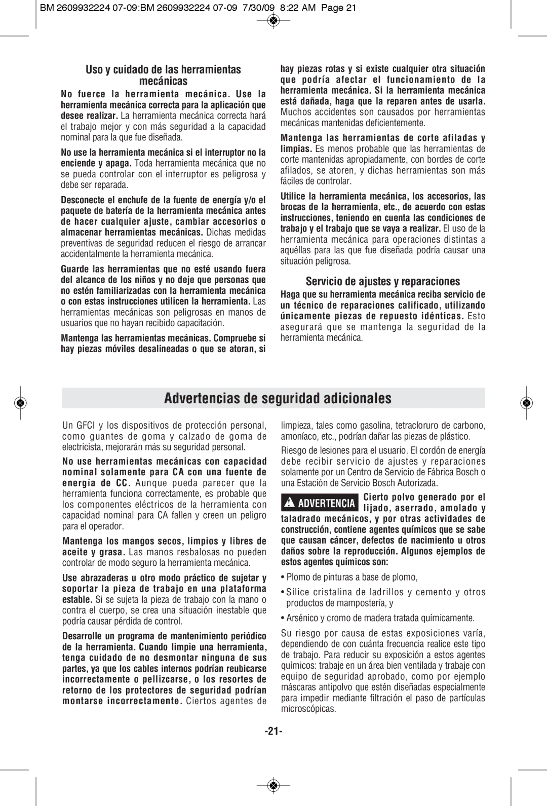 Bosch Power Tools 1250DEVS manual Advertencias de seguridad adicionales, Mecánicas, Servicio de ajustes y reparaciones 