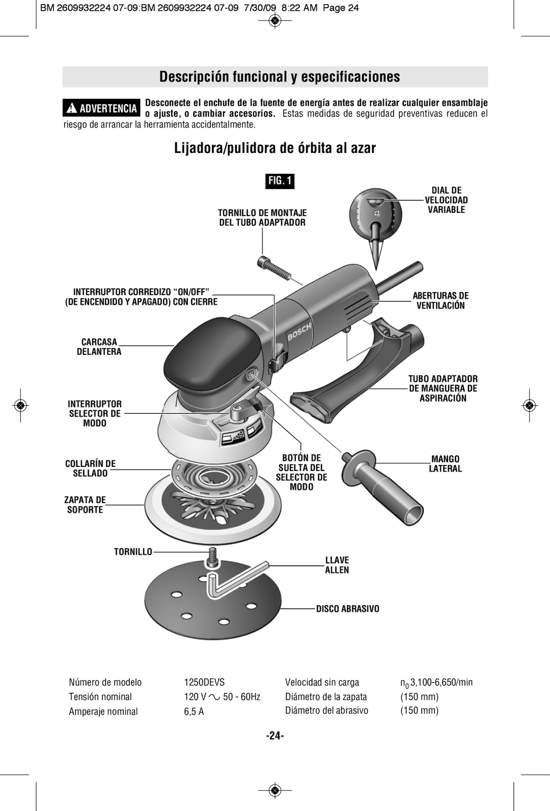 Bosch Power Tools 1250DEVS manual Descripción funcional y especificaciones, Lijadora/pulidora de órbita al azar 