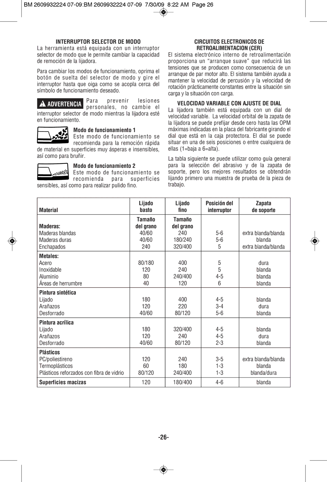 Bosch Power Tools 1250DEVS manual Interruptor Selector DE Modo, Circuitos Electronicos DE Retroalimentacion CER 