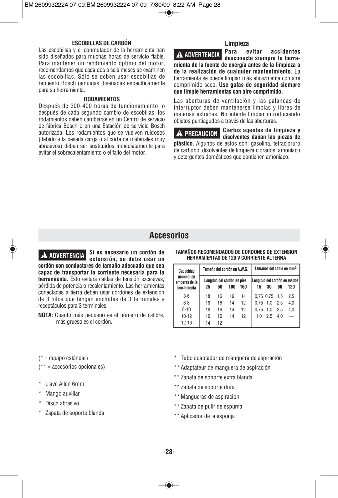 Bosch Power Tools 1250DEVS manual Accesorios, Escobillas DE Carbón, Rodamientos 