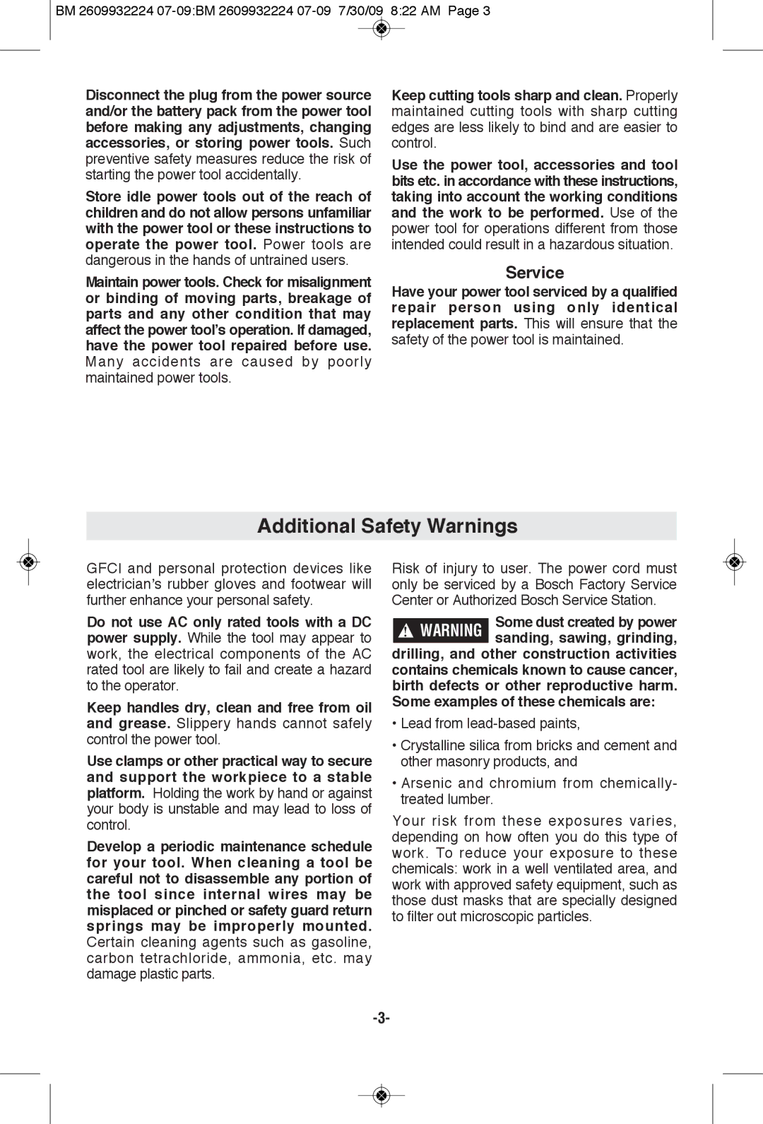 Bosch Power Tools 1250DEVS manual Additional Safety Warnings, Service, Some dust created by power 