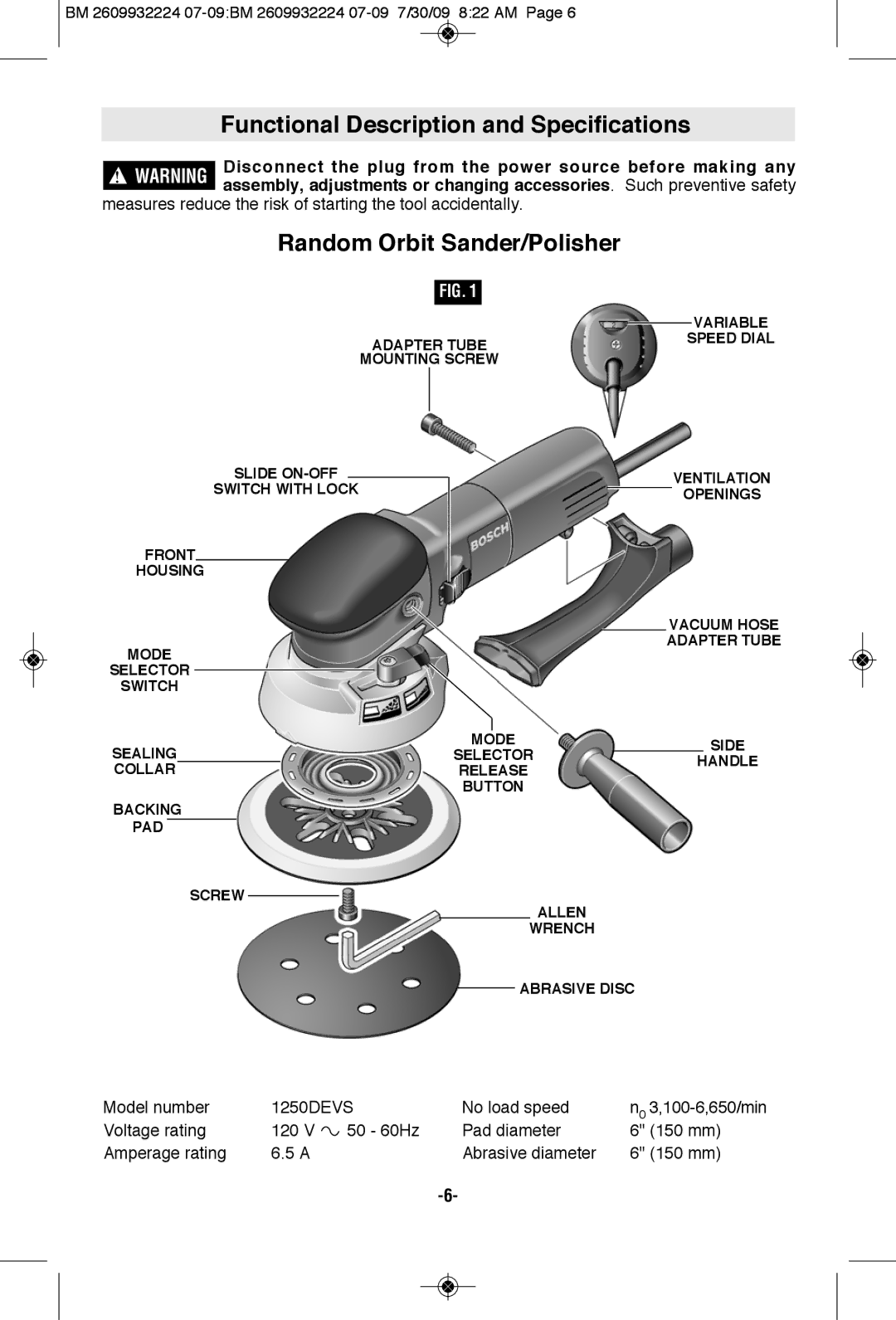 Bosch Power Tools 1250DEVS manual Functional Description and Specifications, Random Orbit Sander/Polisher 