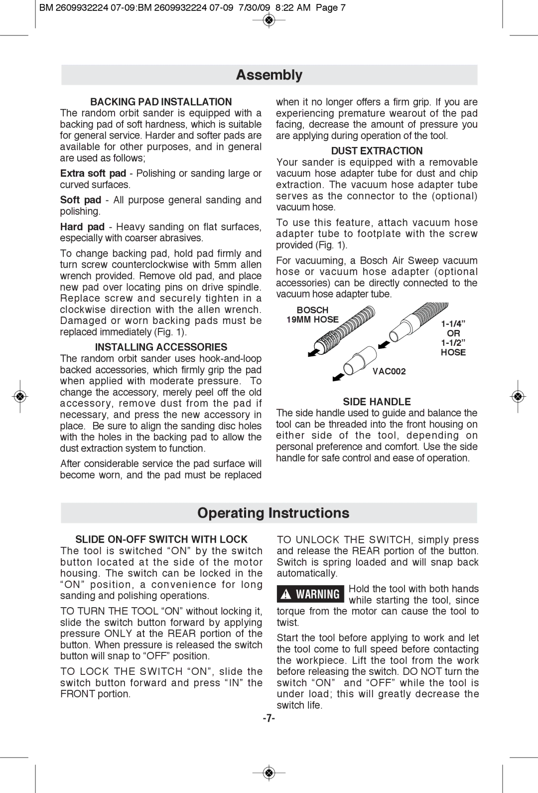 Bosch Power Tools 1250DEVS manual Assembly, Operating Instructions 