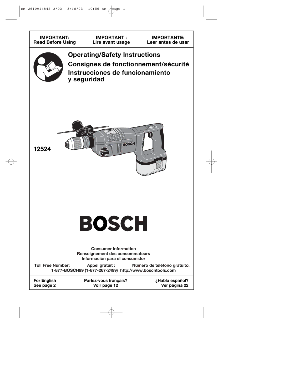 Bosch Power Tools manual Seguridad 12524, Read Before Using Lire avant usage Leer antes de usar 