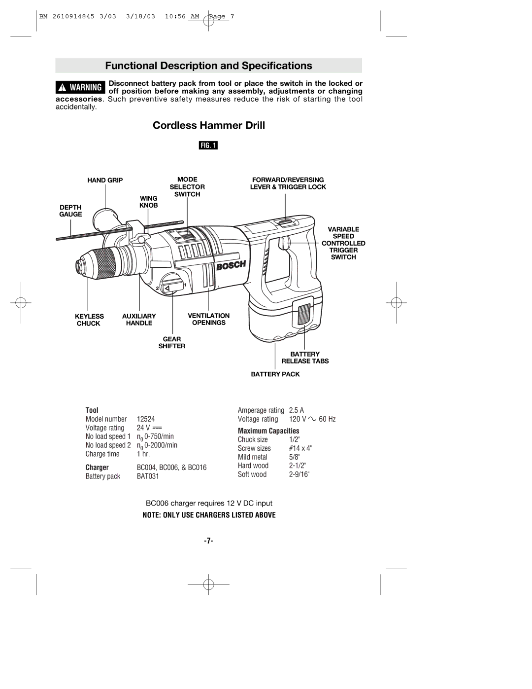 Bosch Power Tools 12524 manual Functional Description and Specifications, Cordless Hammer Drill 