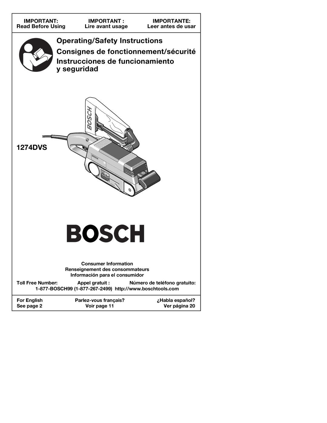 Bosch Power Tools 1274DVS manual Importante 