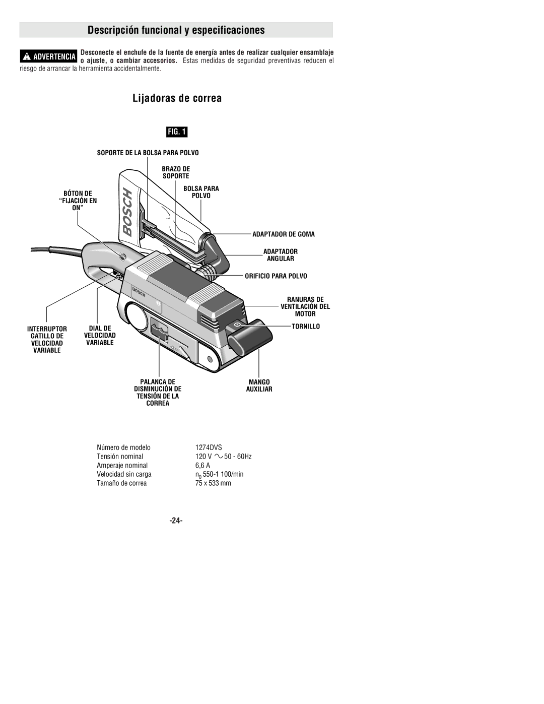 Bosch Power Tools 1274DVS manual Descripción funcional y especificaciones, Lijadoras de correa, Número de modelo 