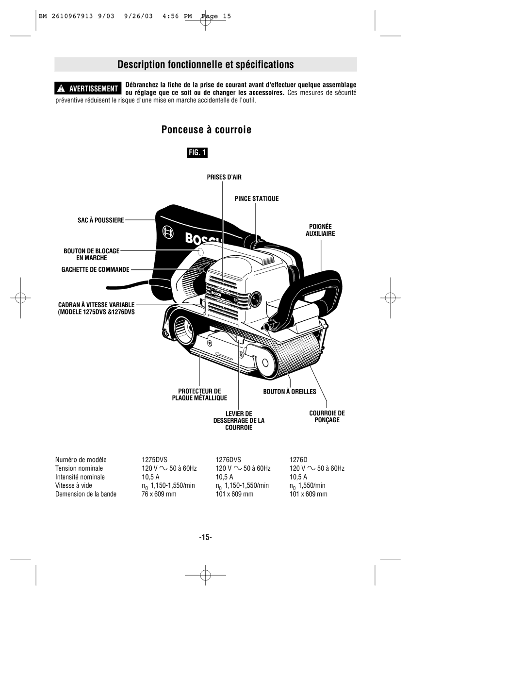 Bosch Power Tools 1276DVS, 1275DVS manual Description fonctionnelle et spécifications, Ponceuse à courroie 