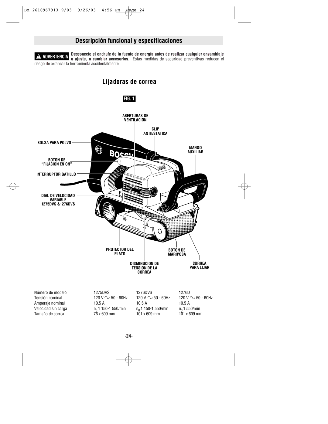 Bosch Power Tools 1276DVS, 1275DVS manual Descripción funcional y especificaciones, Lijadoras de correa 