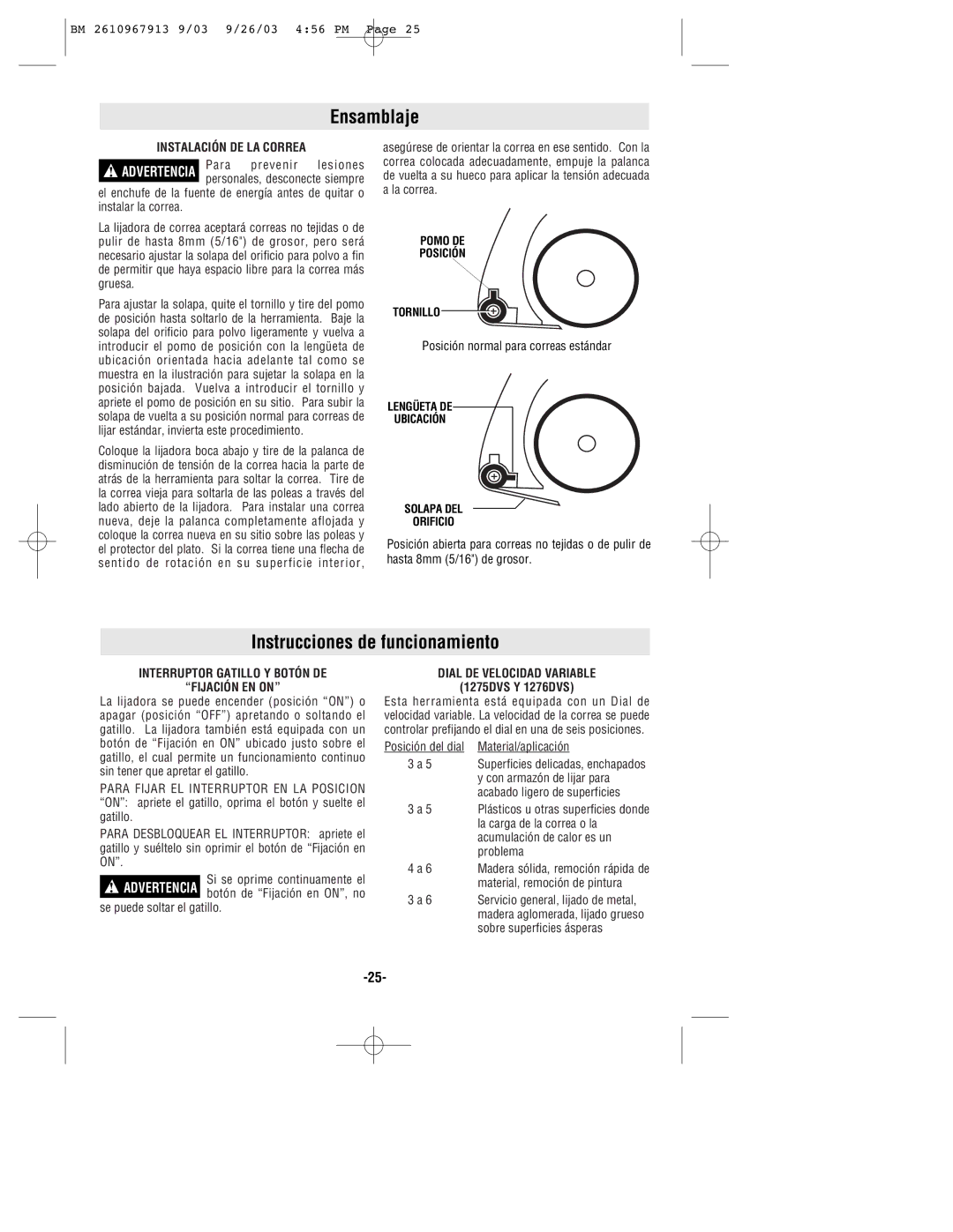 Bosch Power Tools 1276DVS, 1275DVS manual Ensamblaje, Instrucciones de funcionamiento, Instalación DE LA Correa 