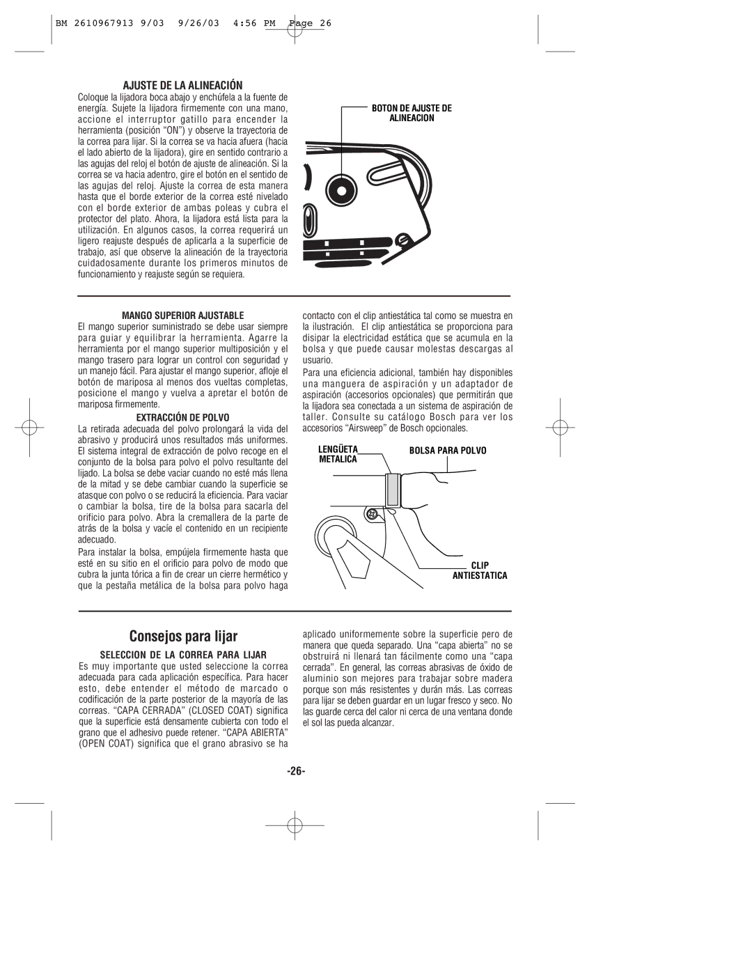 Bosch Power Tools 1275DVS, 1276DVS manual Consejos para lijar, Mango Superior Ajustable, Extracción DE Polvo 