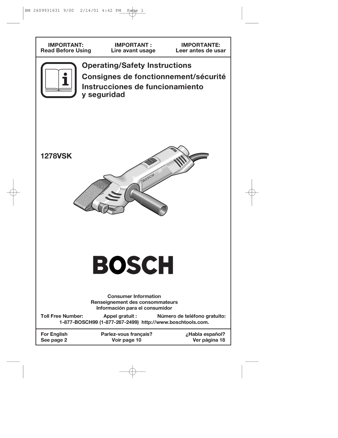 Bosch Power Tools 1278VSK manual Operating/Safety Instructions 