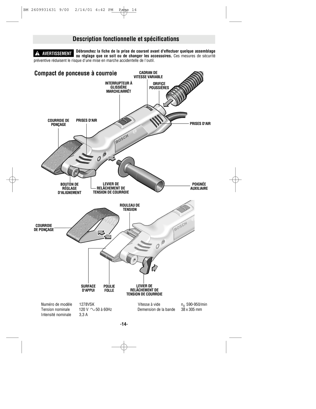 Bosch Power Tools 1278VSK Description fonctionnelle et spécifications, Compact de ponceuse à courroie, Numéro de modèle 