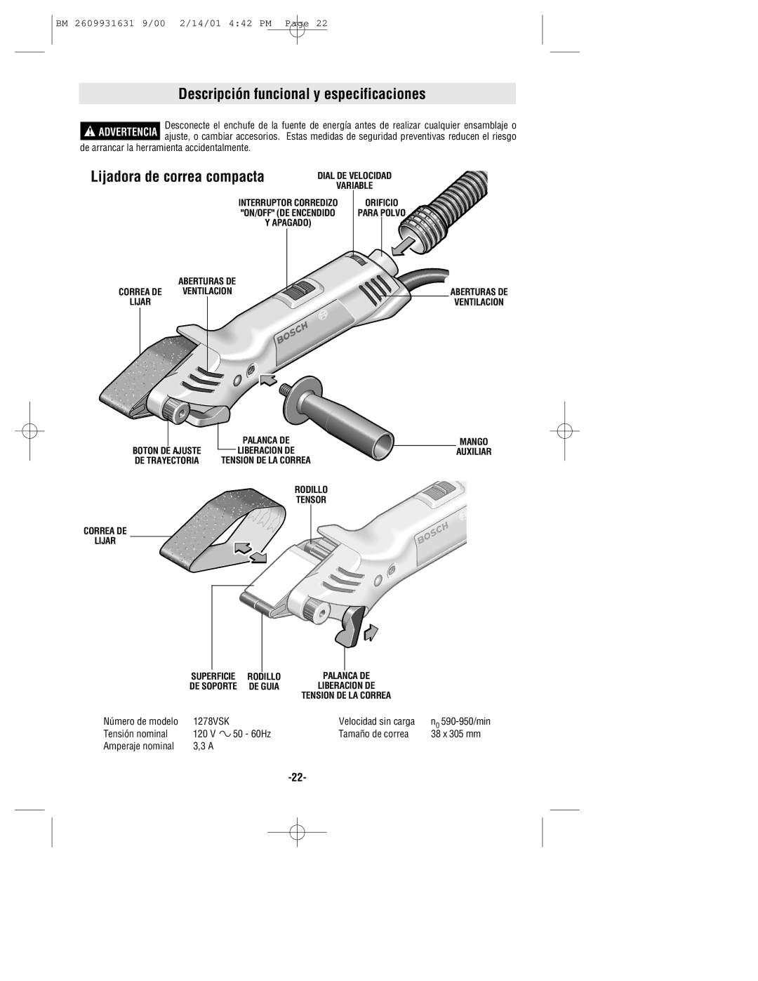 Bosch Power Tools 1278VSK manual Descripción funcional y especificaciones, Lijadora de correa compacta, Número de modelo 