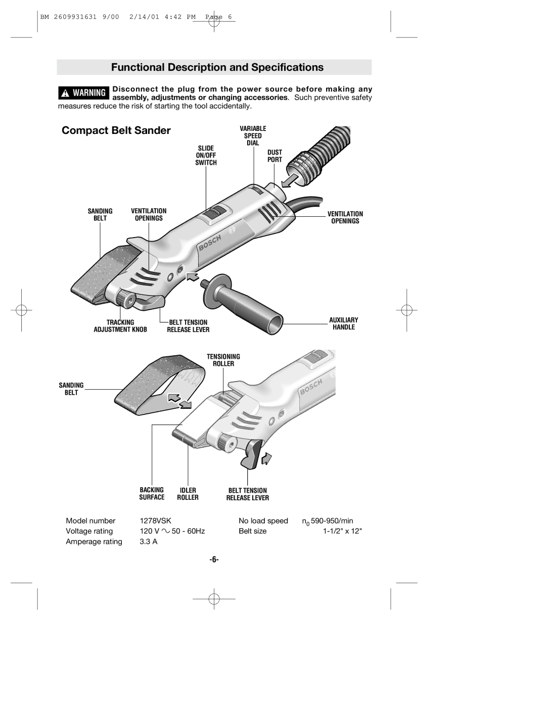 Bosch Power Tools 1278VSK manual Functional Description and Specifications, Compact Belt Sander 