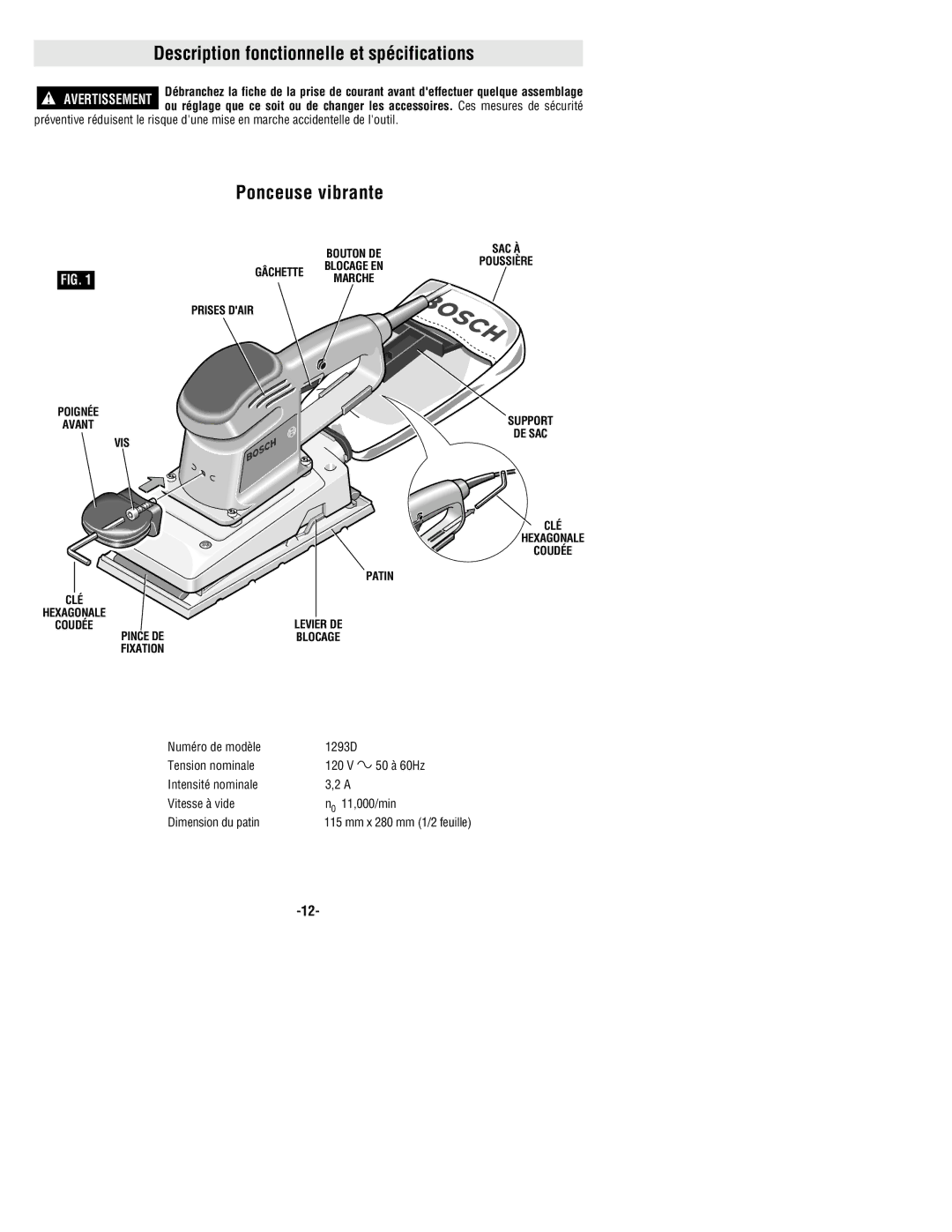 Bosch Power Tools 1293d manual Description fonctionnelle et spécifications, Ponceuse vibrante 