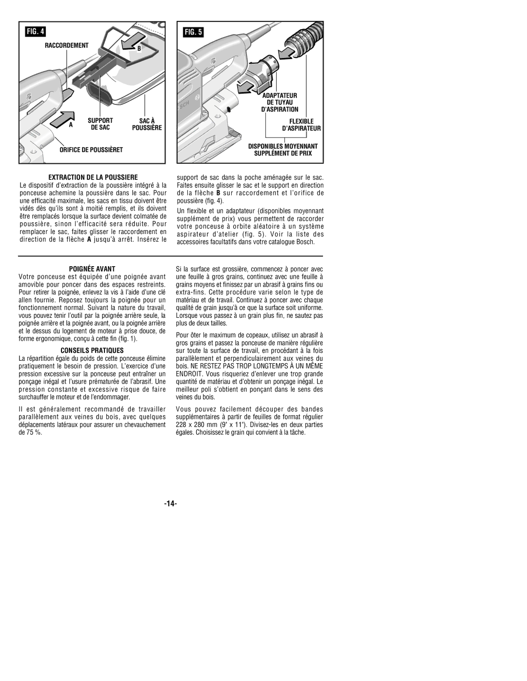 Bosch Power Tools 1293d manual Extraction DE LA Poussiere, Poignée Avant, Conseils Pratiques 