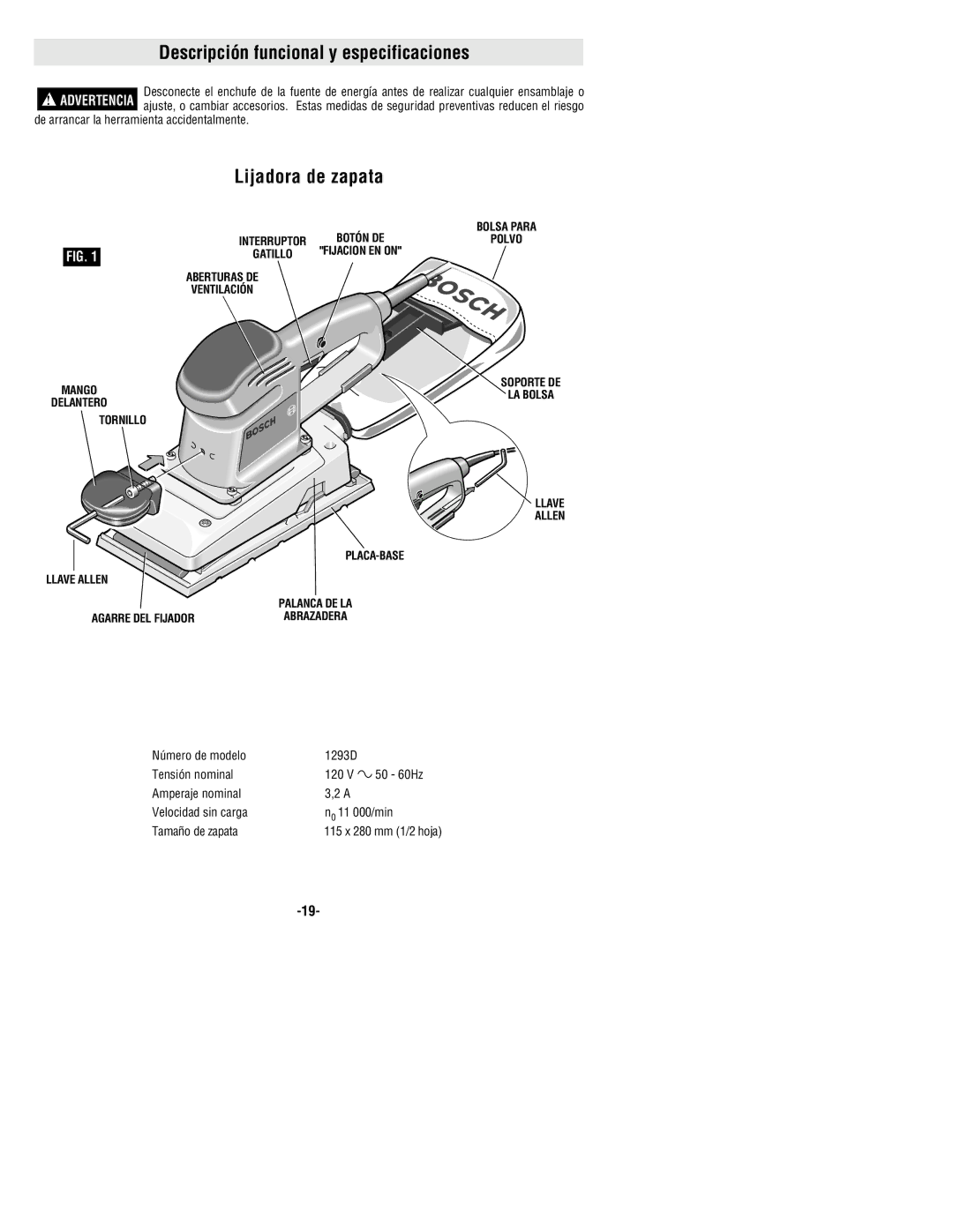 Bosch Power Tools 1293d manual Descripción funcional y especificaciones, Lijadora de zapata 