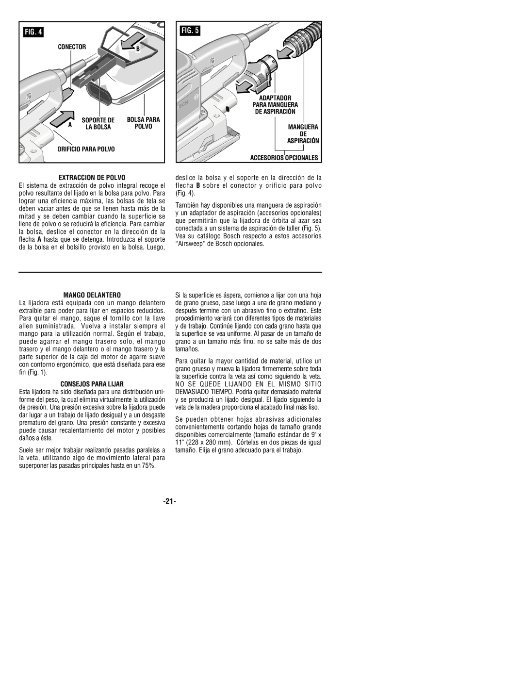 Bosch Power Tools 1293d manual Extraccion DE Polvo, Mango Delantero, Consejos Para Lijar 