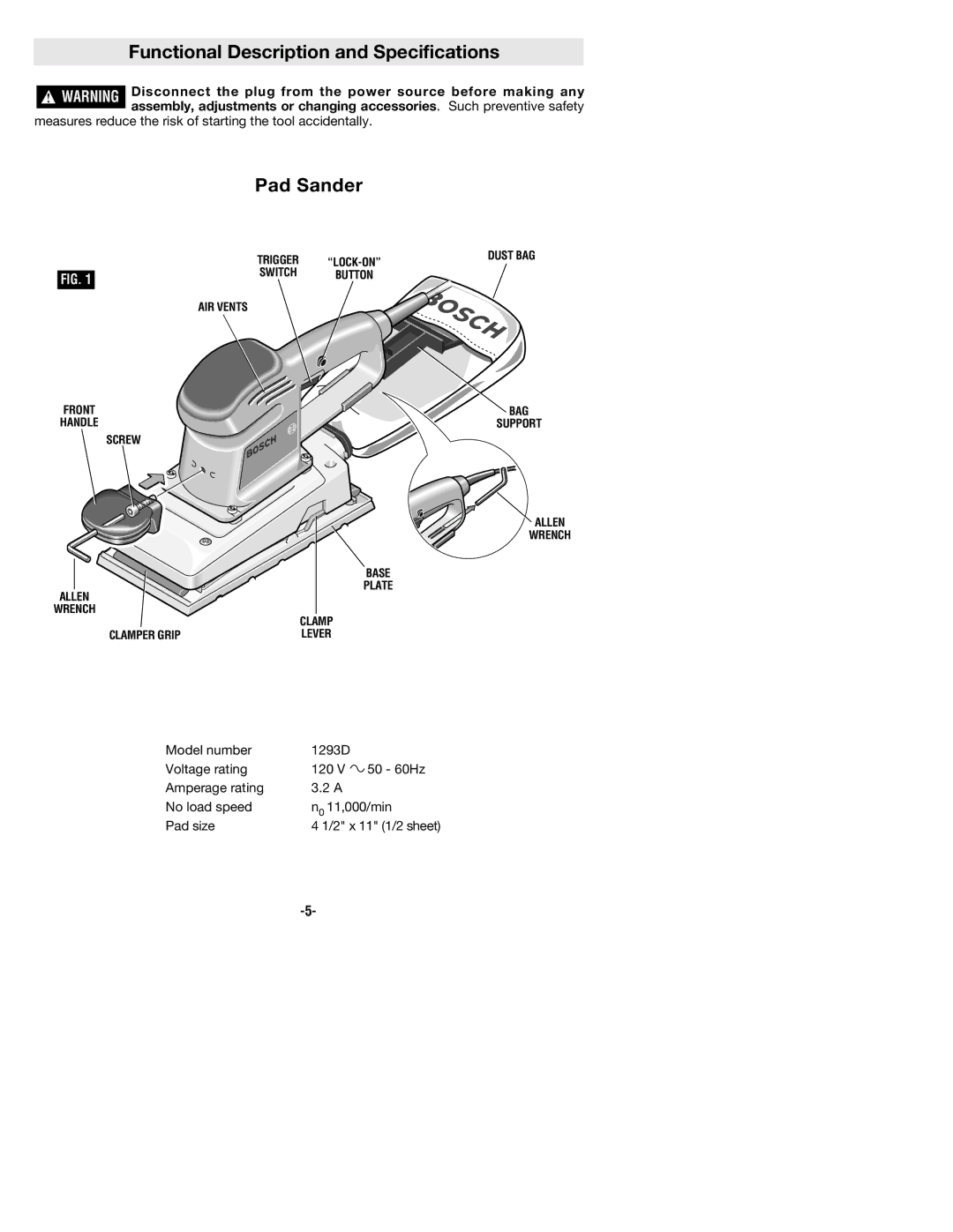 Bosch Power Tools 1293d manual Functional Description and Specifications, Pad Sander 