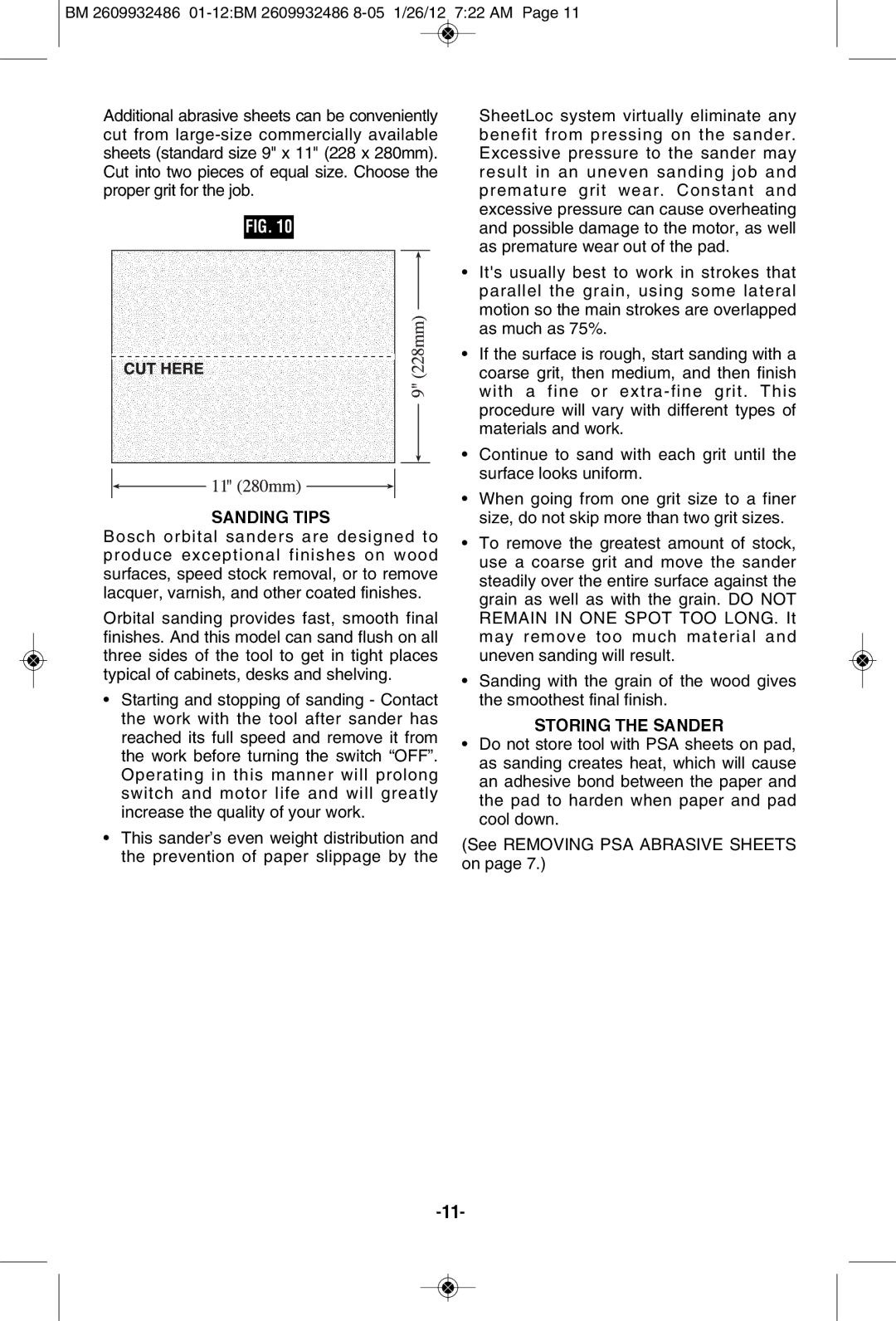 Bosch Power Tools 1293d manual Sanding Tips, Storing the Sander 