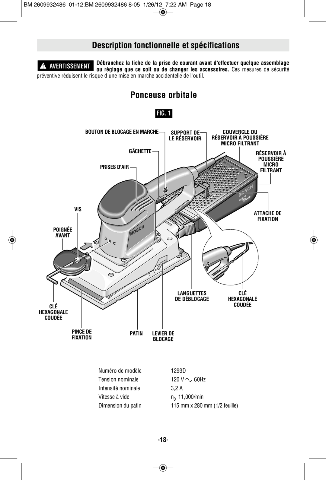 Bosch Power Tools 1293d manual Description fonctionnelle et spécifications, Ponceuse orbitale 