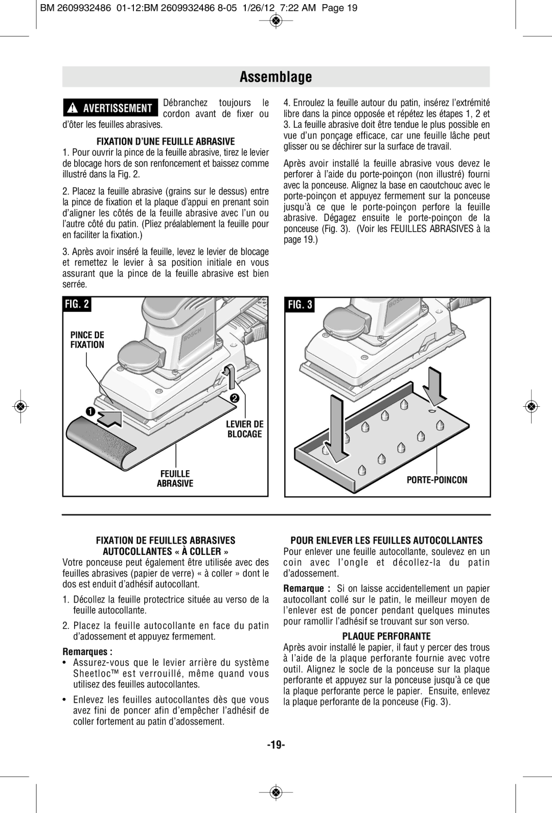 Bosch Power Tools 1293d manual Assemblage, Fixation D’UNE Feuille Abrasive, Plaque Perforante 